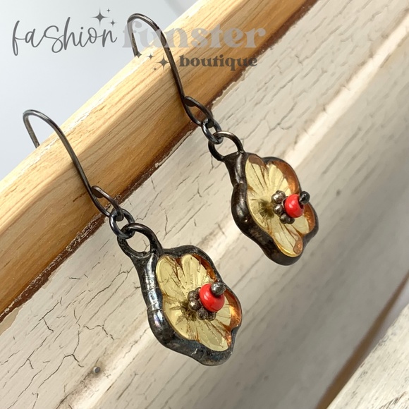 Handmade Soldered Antique Yellow Buttercup Flower Art Charm Dangle Drop Earrings - Picture 6 of 14